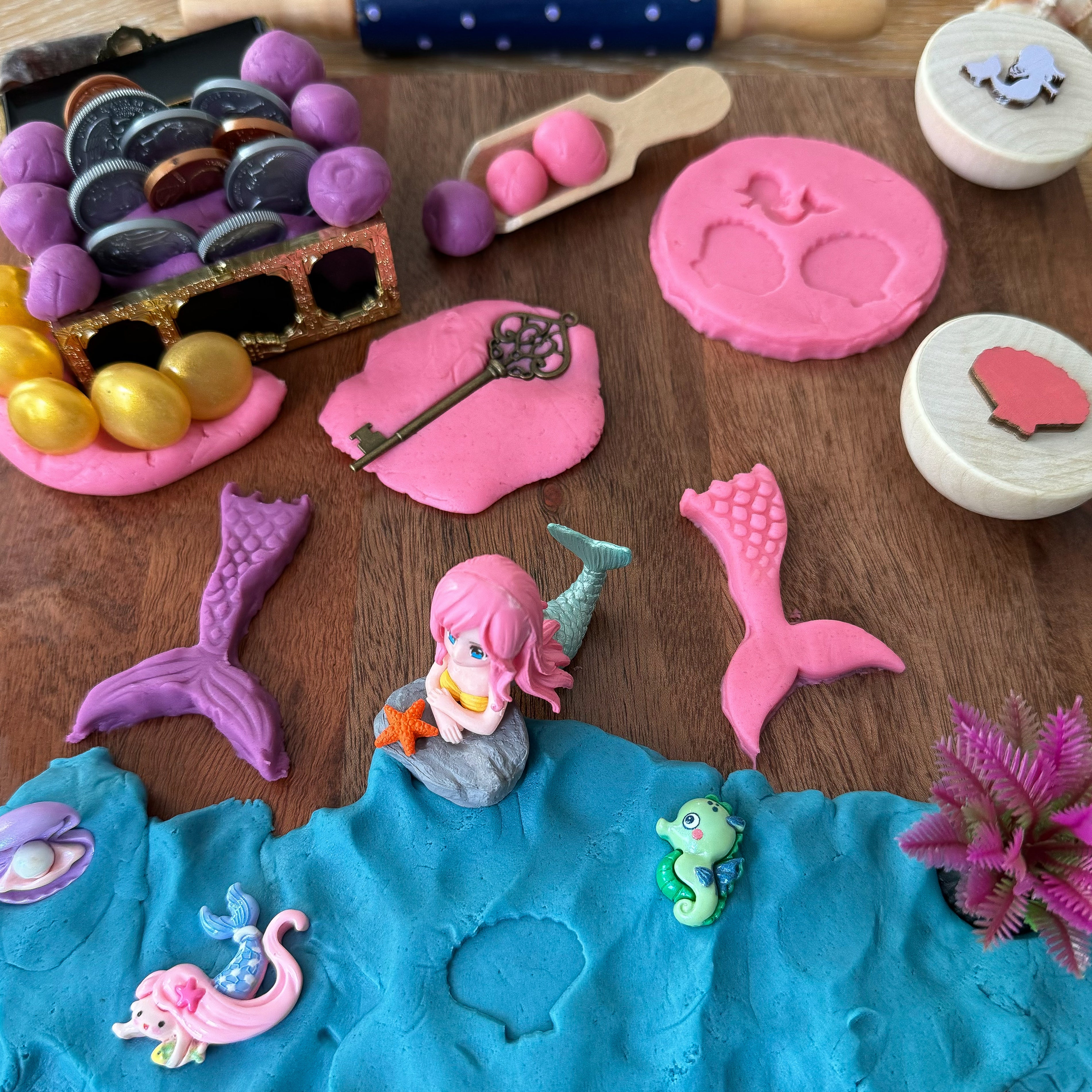 Playdough Mermaid Scene on Wood Block